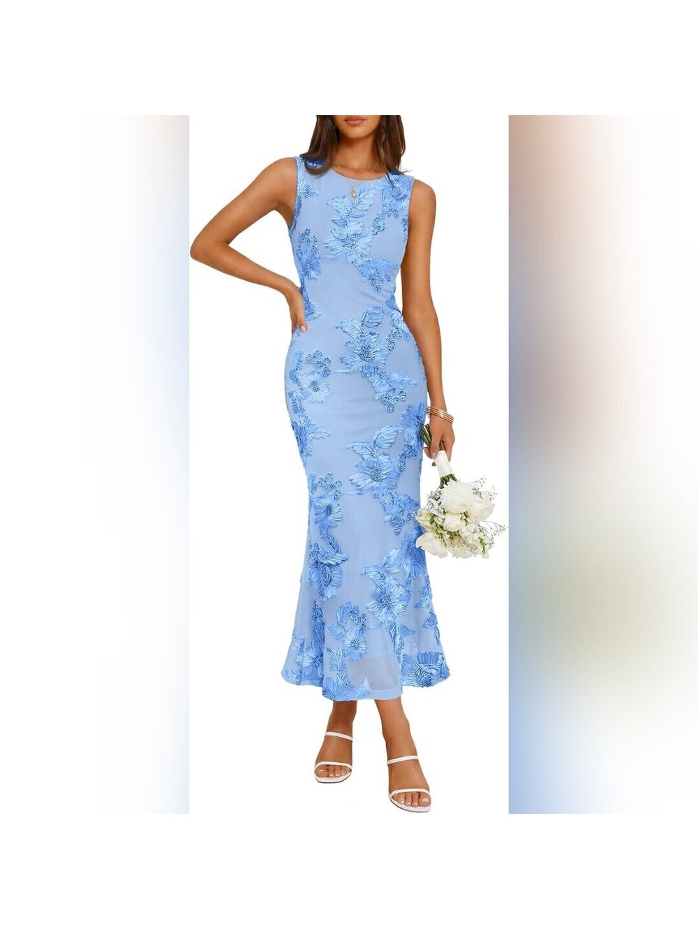 NWT Zesica Women's Blue Floral Sleeveless Bodycon Elegant Midi Dress, L (12-14)
